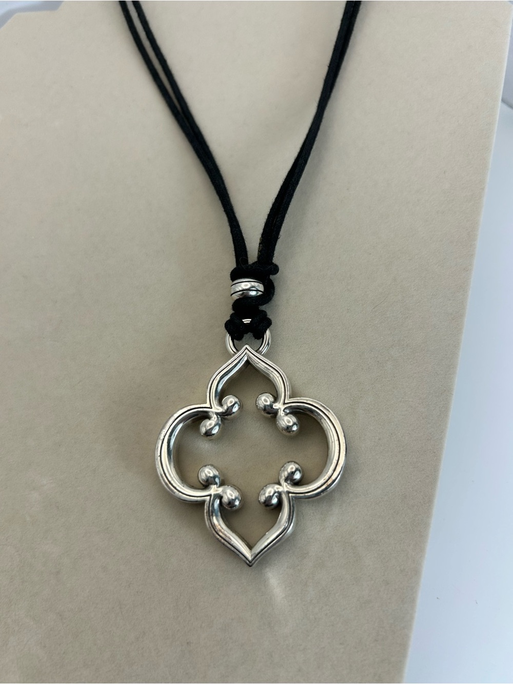 Brighton Toledo Necklace Black Leather Cord 30" Long 3" Silver Plated Pendant